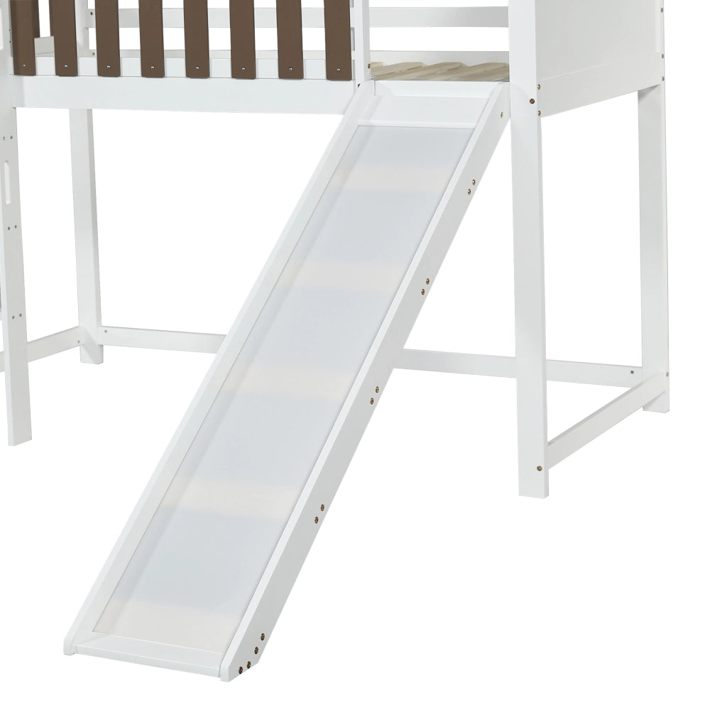 DESMIU Letto a soppalco letto singolo con scivolo, scala dritta a 3 gradini e sponde, 90 × 200 cm, senza materasso