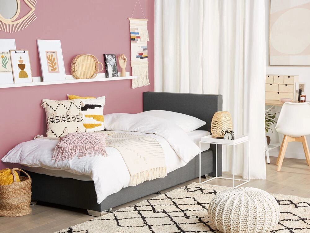 Letto continentale singolo da 90 x 200 in tessuto grigio con materasso contemporaneo