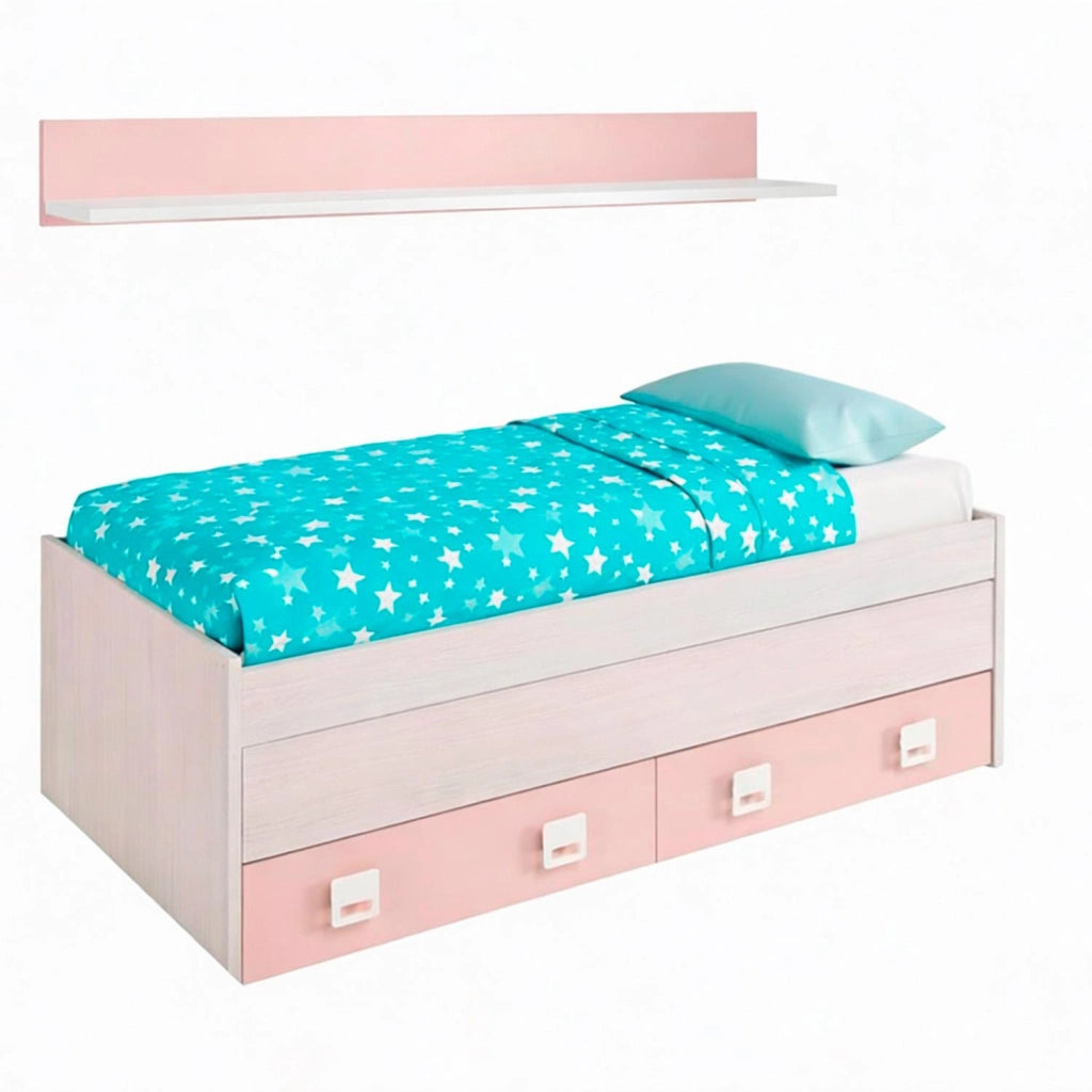 Letto Per Cameretta Con Letto Estraibile Due Cassetti E Mensola Contenitore Salvaspazio Per Bambini E Ragazzi Stile Moderno 65 x 199 x 96 Cm Bianco Alpi E Rosa