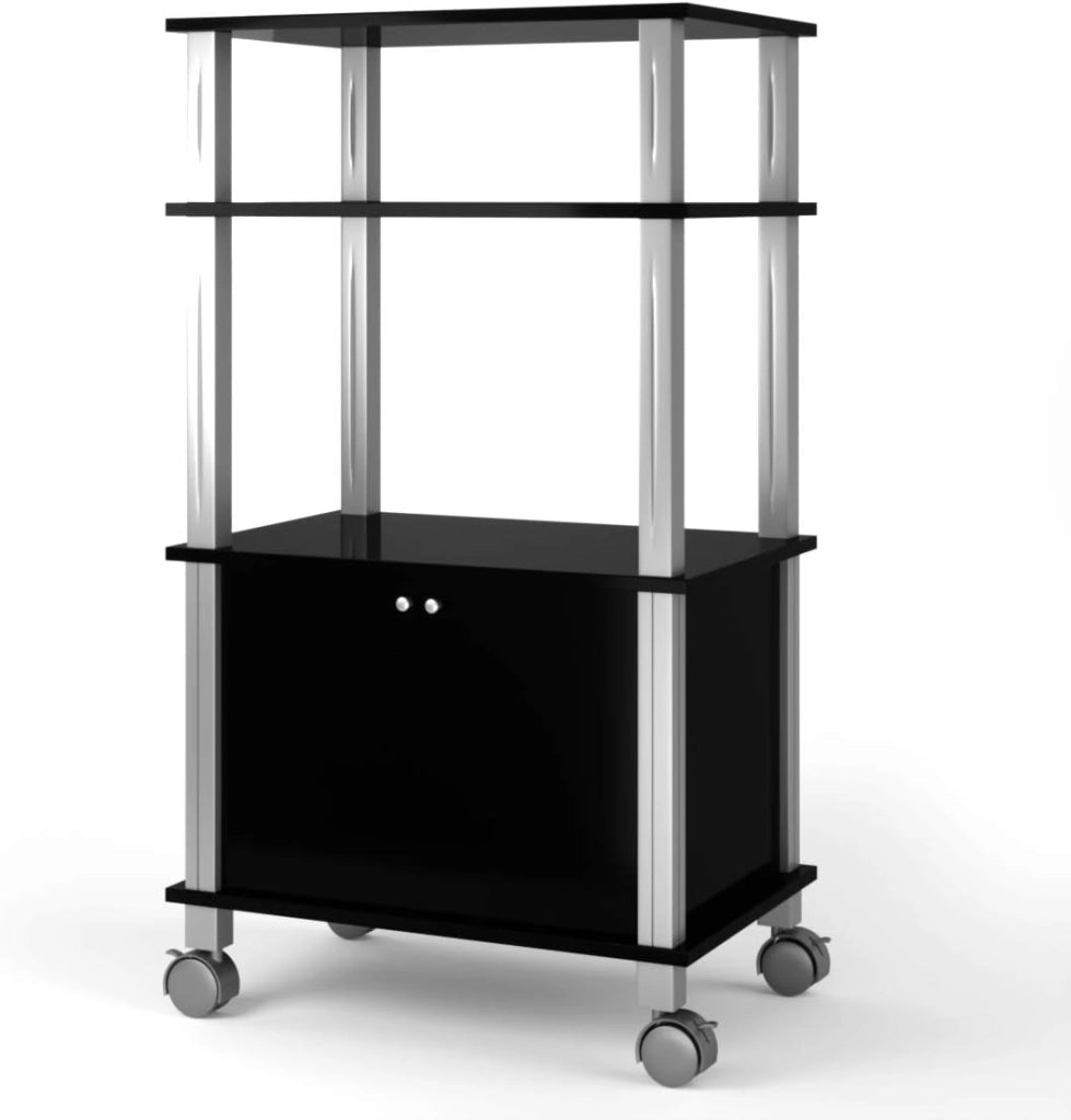 Carrello a rotelle a microonde, carrello da cucina a microonde, con 4 ruote e 2 freni, ripiano portaoggetti a 3 livelli e armadio ante,60 x 40 x 98 cm (Nero)