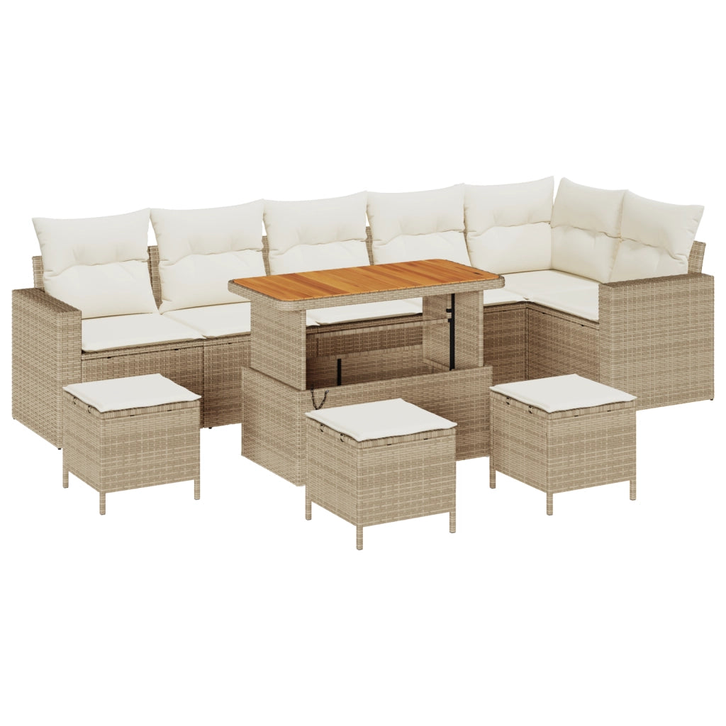 Set di SofÃ  da Giardino 10 Pezzi con Cuscini Beige Rattan Poly Acacia