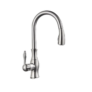 NAVIS | Elegante rubinetto cucina estraibile in acciaio inox argento, arco alto, miscelatore di lusso, alta pressione, 360°, 2 attacchi