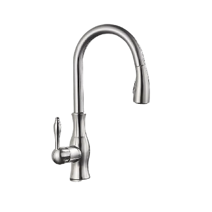 NAVIS | Elegante rubinetto cucina estraibile in acciaio inox argento, arco alto, miscelatore di lusso, alta pressione, 360°, 2 attacchi
