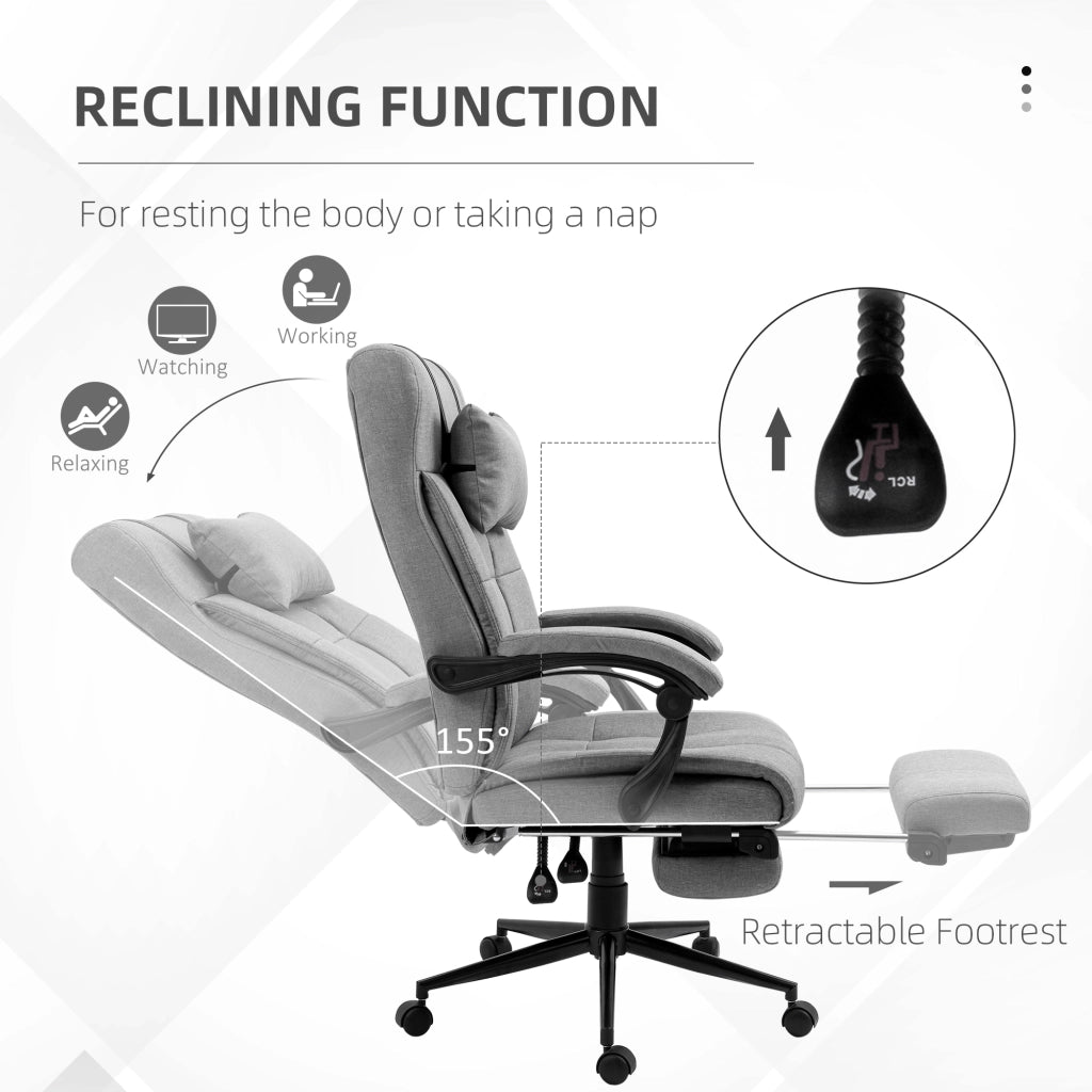 Sedia da ufficio ergonomica girevole con poggiatesta braccioli e poggiapiedi in lino grigio chiaro 66 × 76 × 112-120 cm