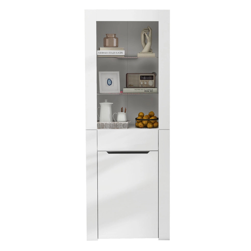 Vetrina con 1 Anta; 1 Cassetto e 2 Ripiani; LED Controllata da App; Bianco Lucido; in Pannelli; 60¡Á35;5¡Á165 cm