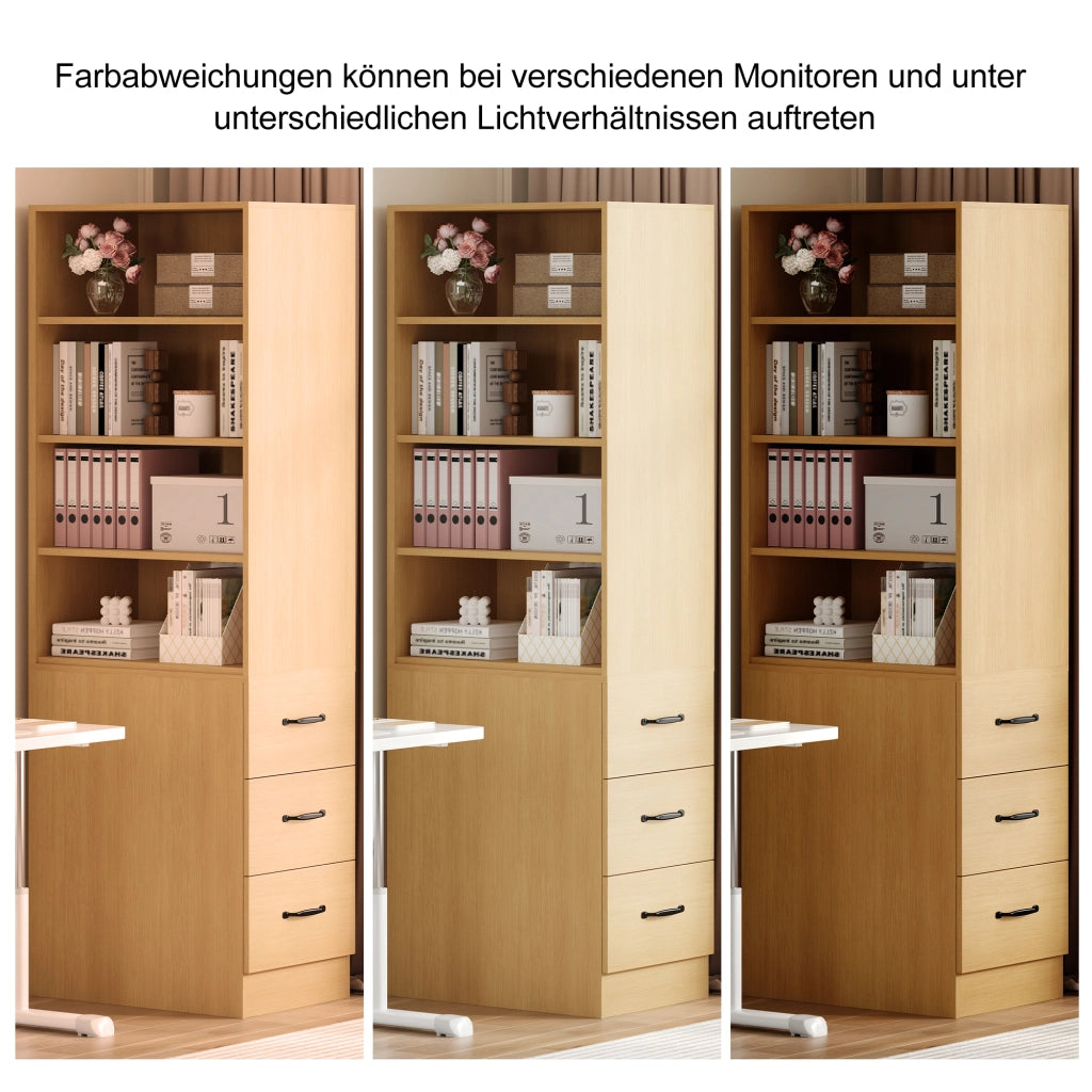 Libreria alta con 3 cassetti e 2 ripiani regolabili, per piccoli spazi, in truciolare, rovere, 60 × 38 × 180 cm