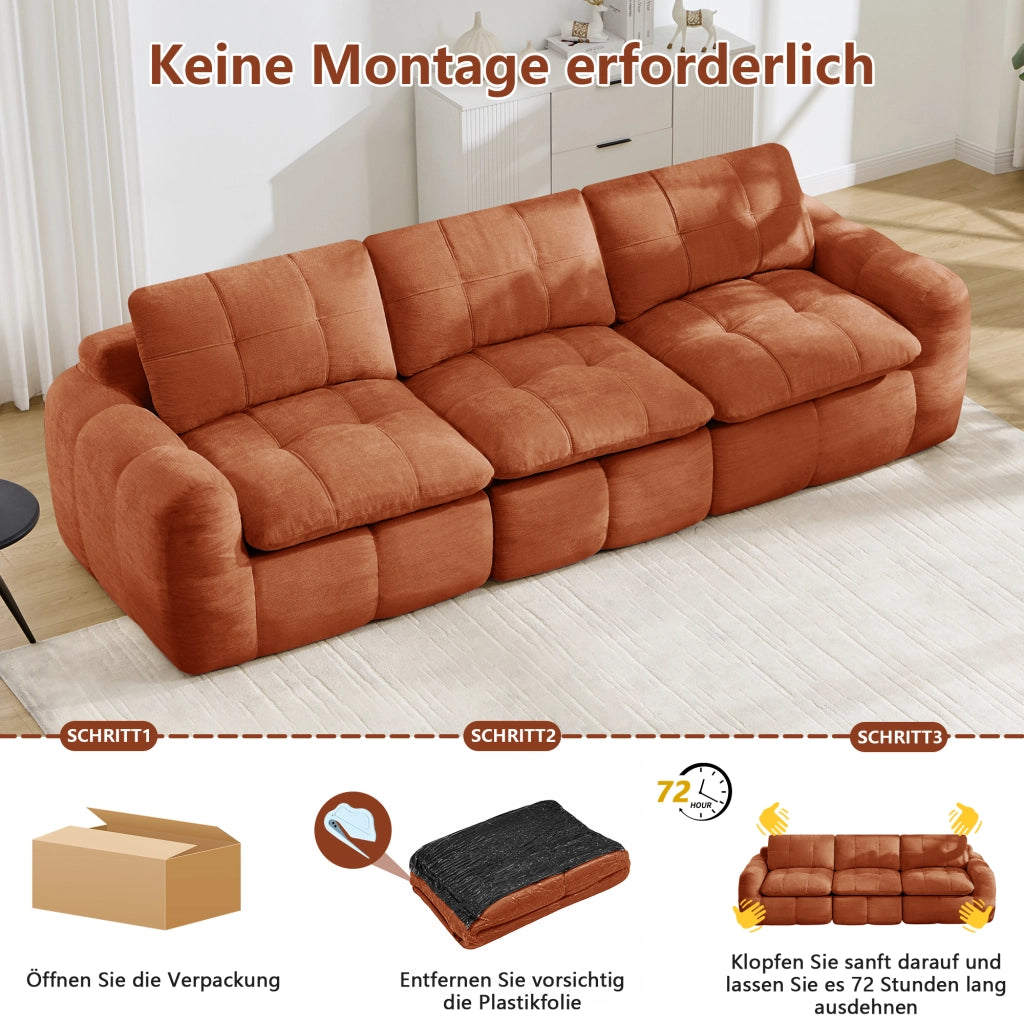 Divano modulare senza struttura 3 posti con cuciture a quadro cuscini ergonomici in chenille arancione per relax