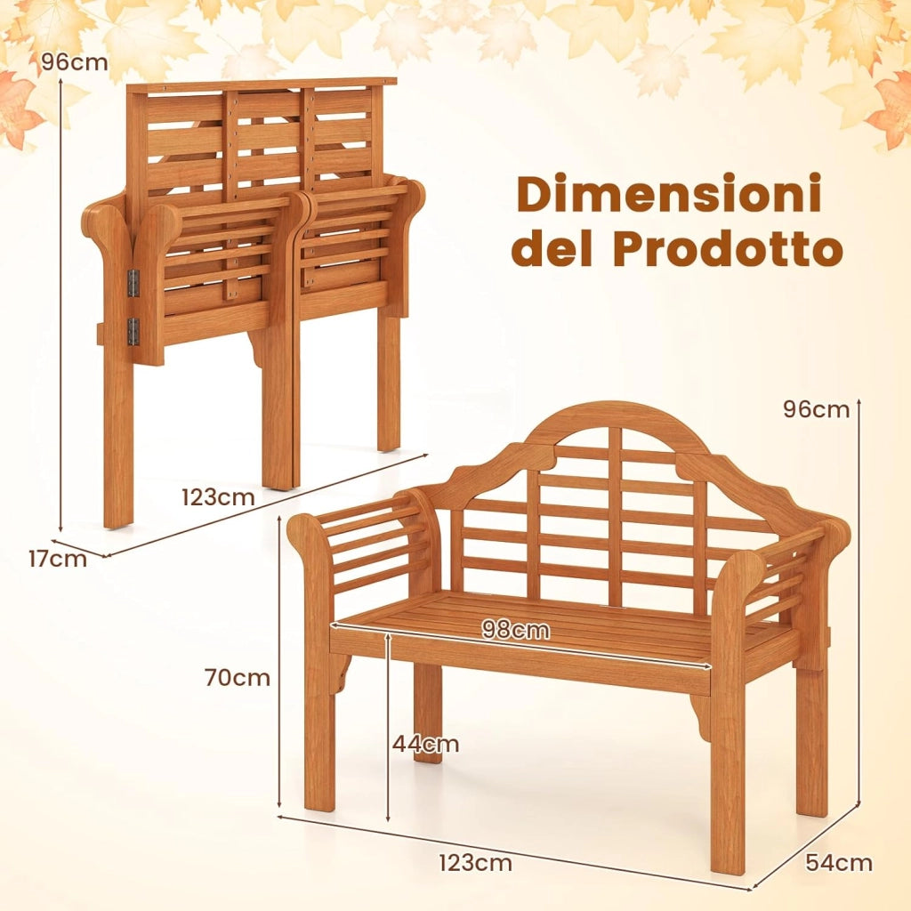 Panchina da Esterno Pieghevole, Panchina in Legno Massello con Braccioli Curvi e Schienale, Panchina da Giardino, Balcone e Cortile, Portata 360 kg, 123 x 54 x 96 cm (Modello 3)