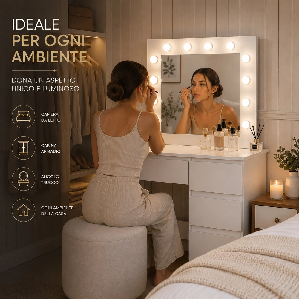 Toeletta Trucco 94x43x140 cm Postazione Makeup 12 Luci LED e Cassetti Bianco