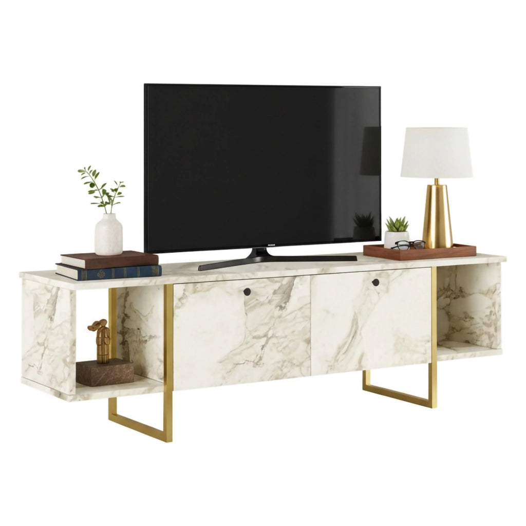 Mobile porta TV Adalberta, Credenza da soggiorno, Armadio basso per TV, Base parete attrezzata, 160x40h48 cm, Bianco e Oro