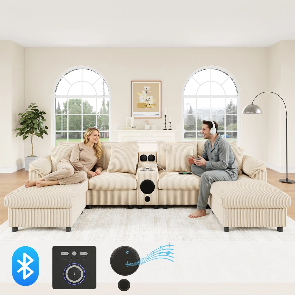 Divano modulare con altoparlante Bluetooth console di ricarica USB e Type C in tessuto a coste beige