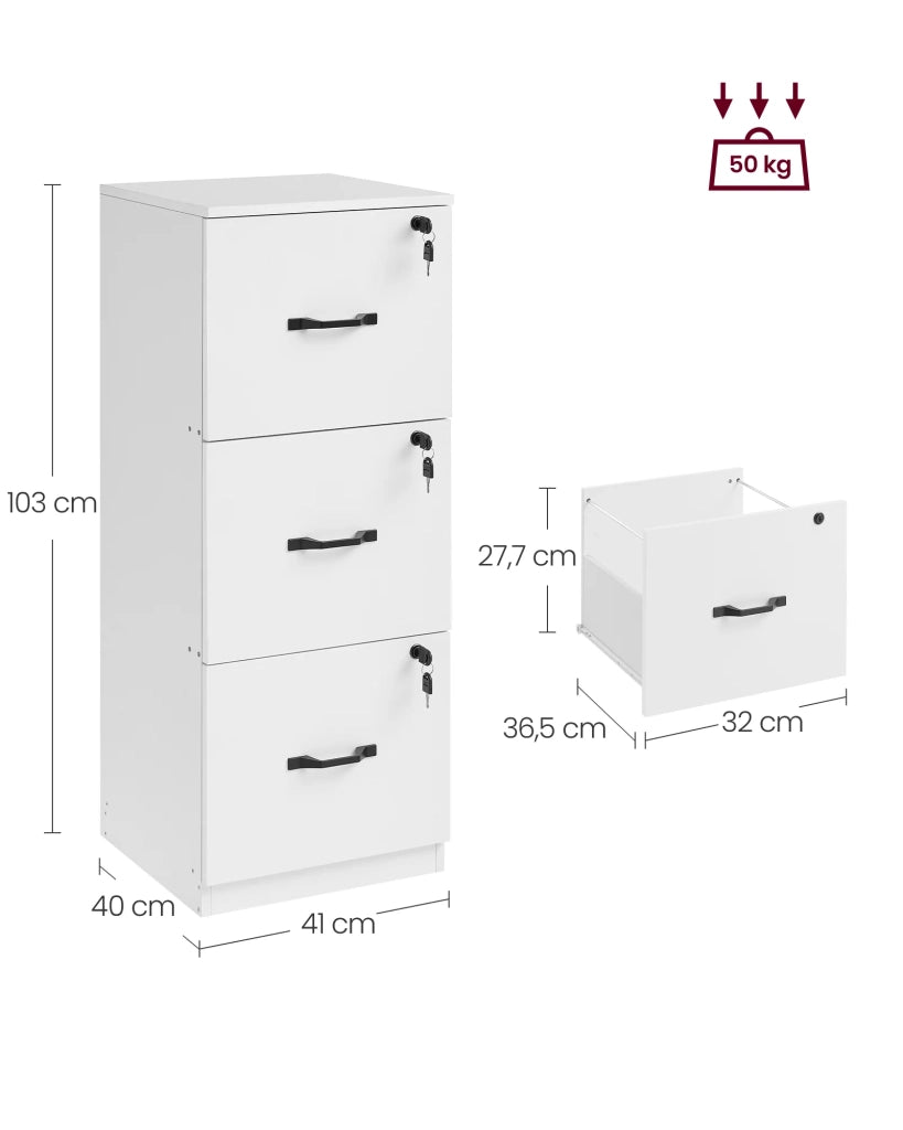 Mobiletto per ufficio a 3 cassetti unità di archiviazione documenti supporto per stampante 3 cassetti con serratura barra appendiabiti regolabile per cartelle A4 12_0004803