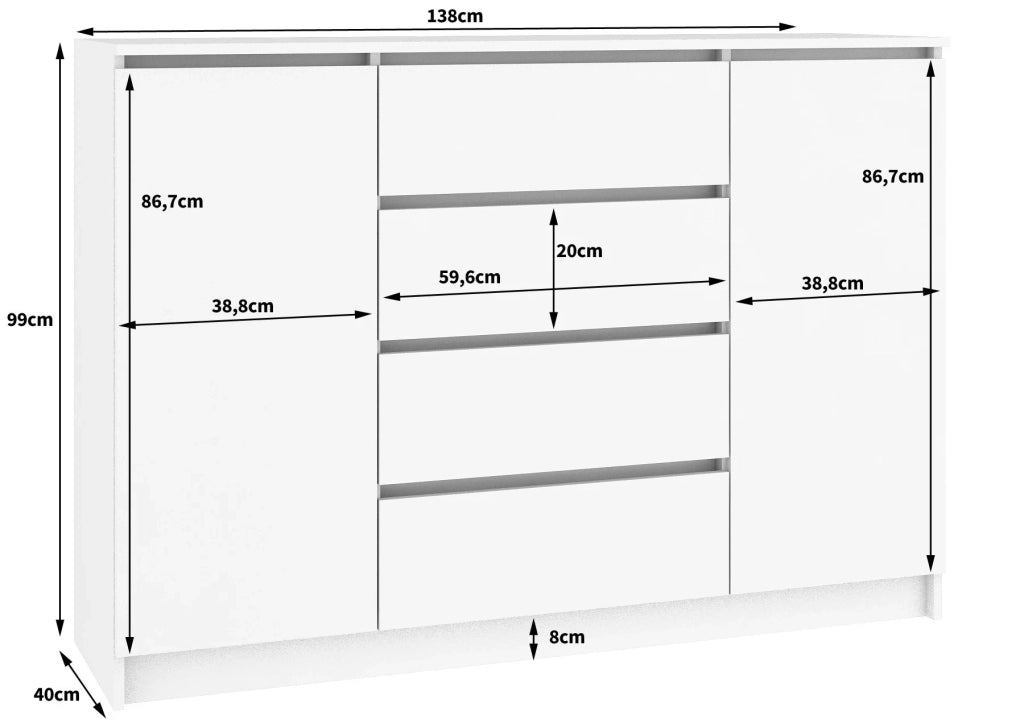 Cassettiera AKORD K140 Wengé 138 cm 2 ante 4 cassetti inserto frontale Bianco 138x40x99 cm