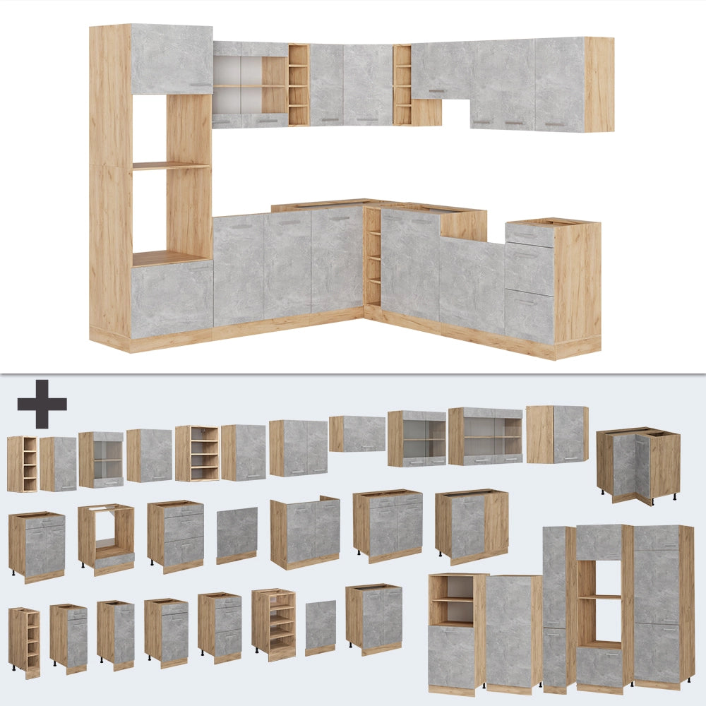 Cucina angolare completa R-Line Calcestruzzo/Rovere dorato 247 x 237 cm senza piano di lavoro Vicco