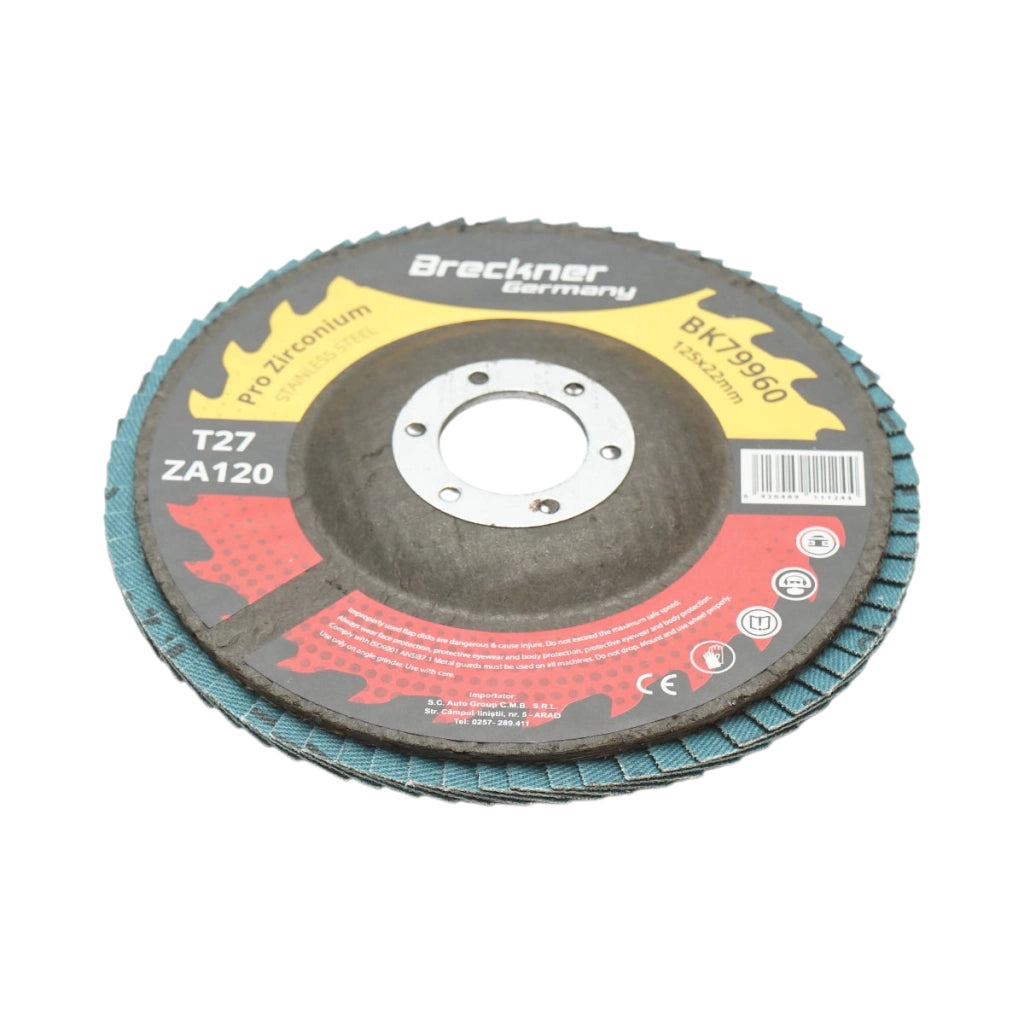Disco lamellare abrasivo in zirconia T27 ZA120, 125x22mm per levigatura/lucidatura di metalli e acciaio inossidabile Breckner Germany