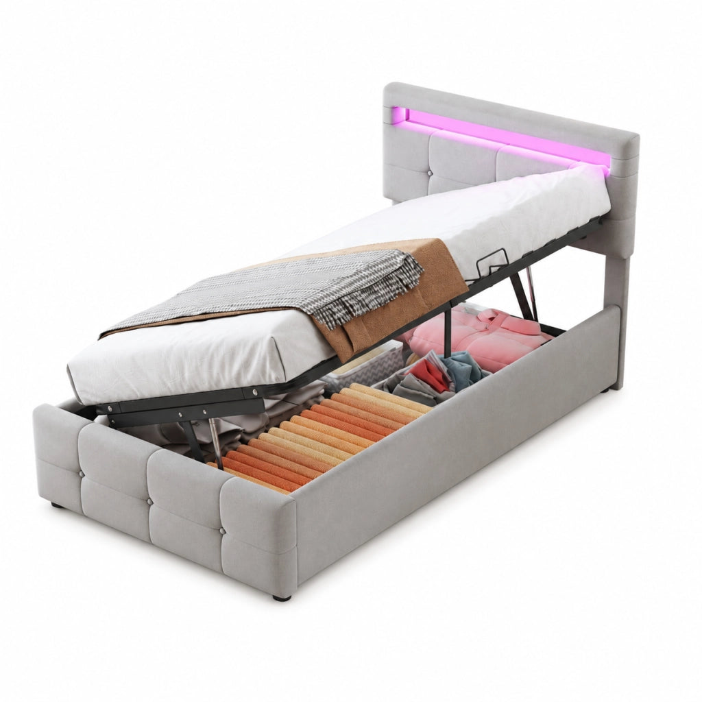 Letto imbottito 90x200 cm con LED e contenitore; velluto grigio (Senza materasso)