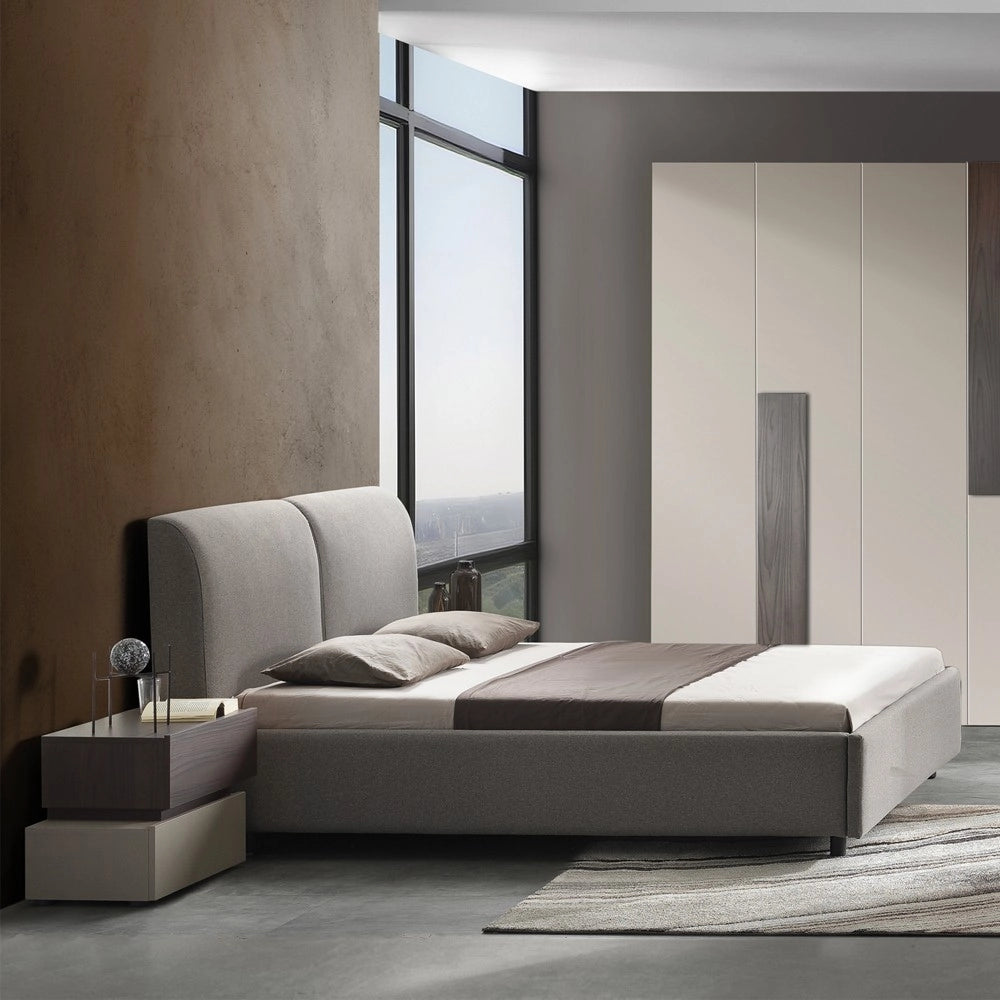 Camera da letto completa Kendra con armadio 6 ante battenti e letto contenitore imbottito tortora noce
