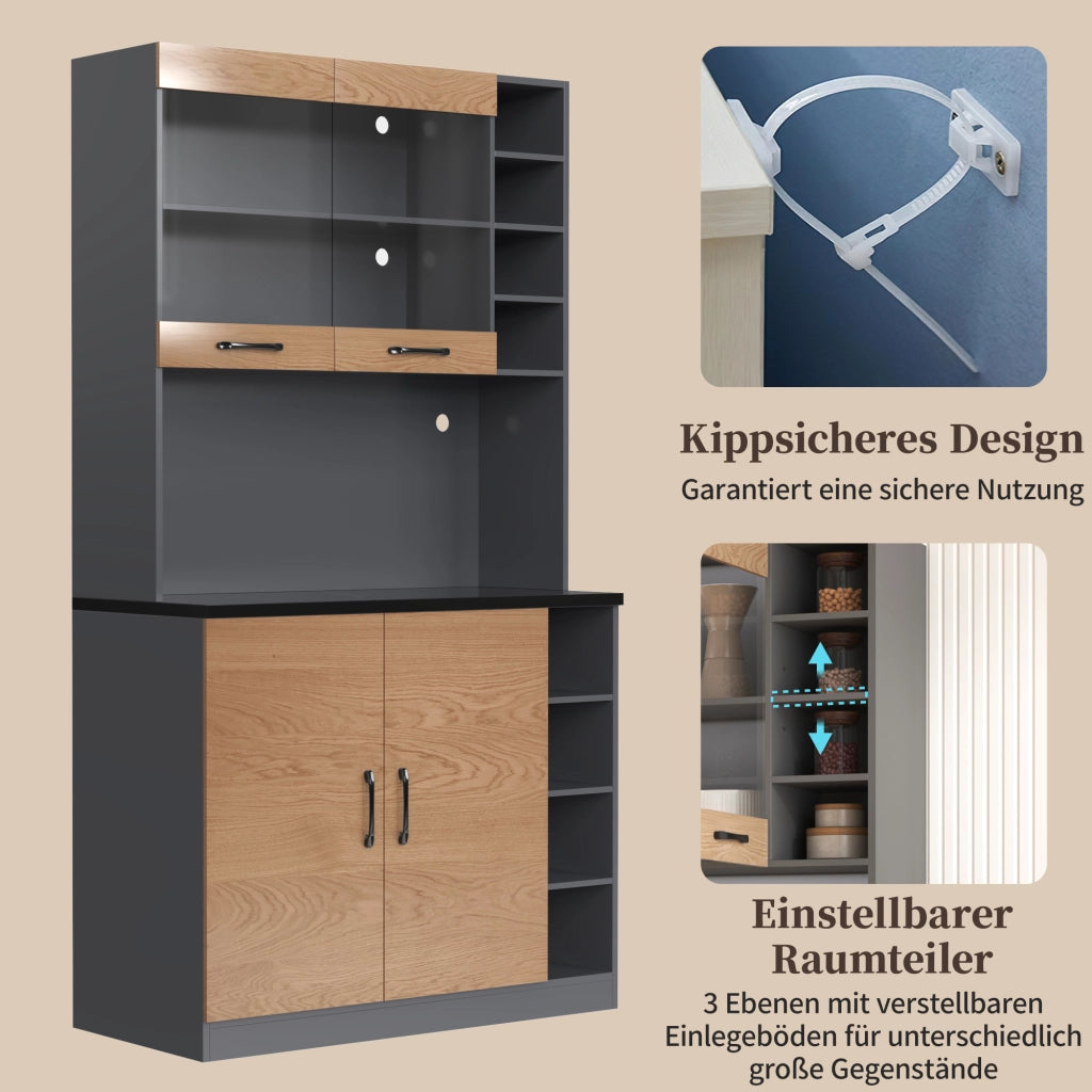 Credenza alta da cucina con LED, ripiani regolabili e vetro, per cucina e soggiorno, grigio naturale, 100 × 47 × 187 cm
