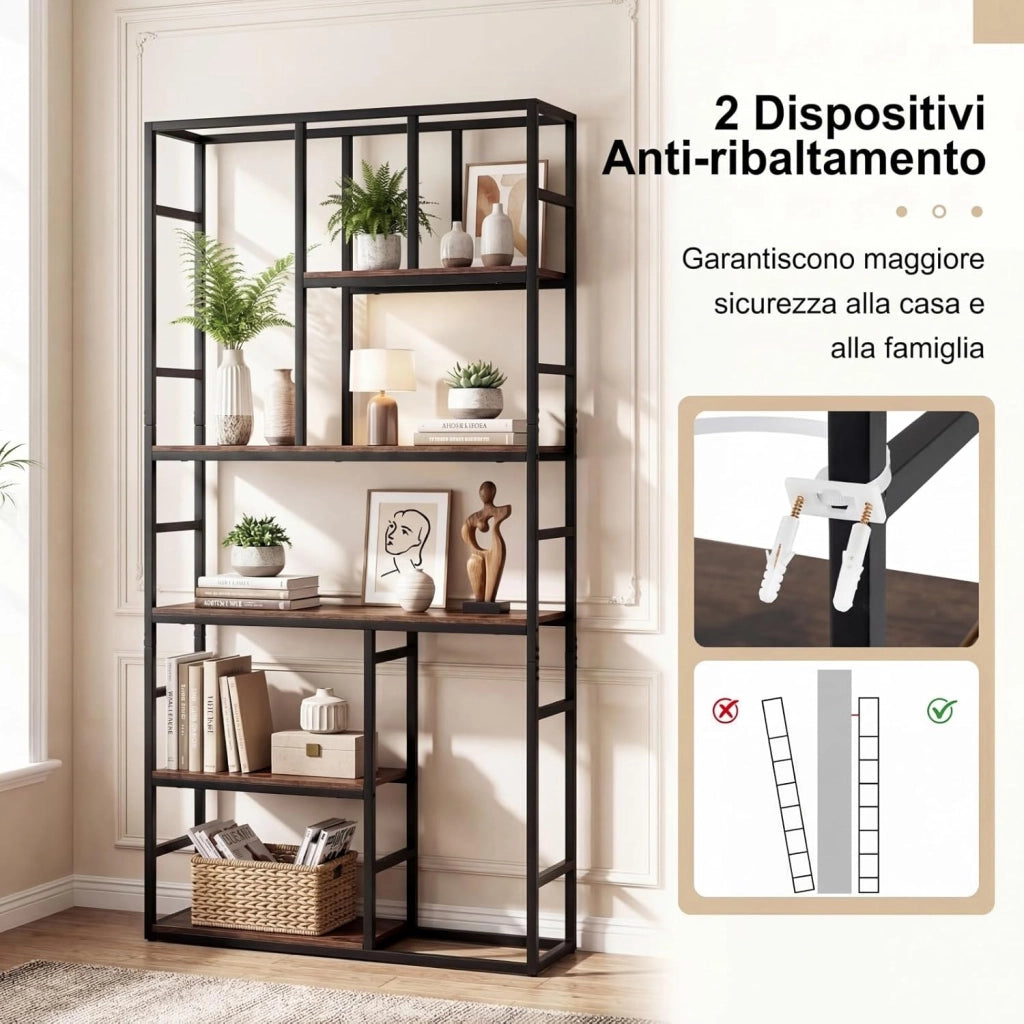 Libreria Scaffale, Libreria Verticale a 5 Ripiani con Mensola Aperta e Struttura Metallica, 90 x 30 x 180 cm, Organizzatore Indipendente per Soggiorno, Ufficio e Camera da Letto