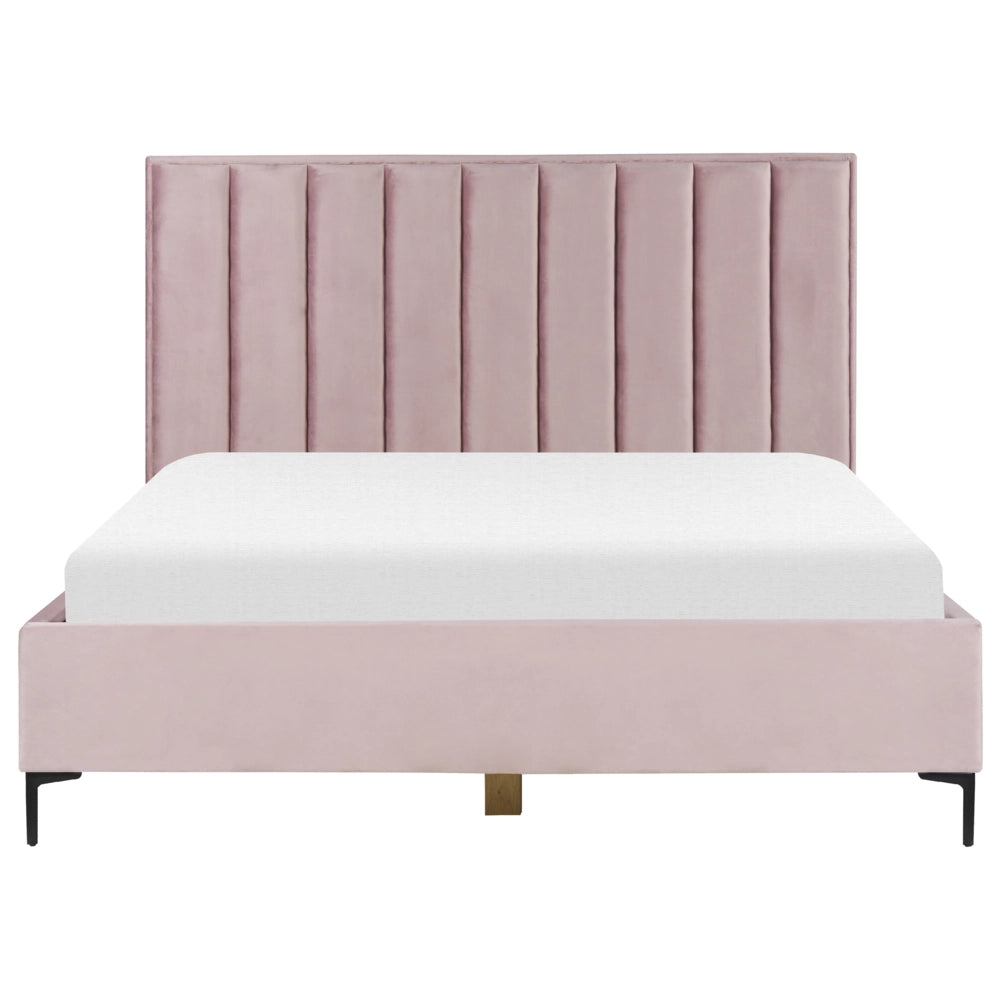 Letto in velluto rosa 180 x 200 cm con testiera imbottita ottomana con gambe in metallo Nero
