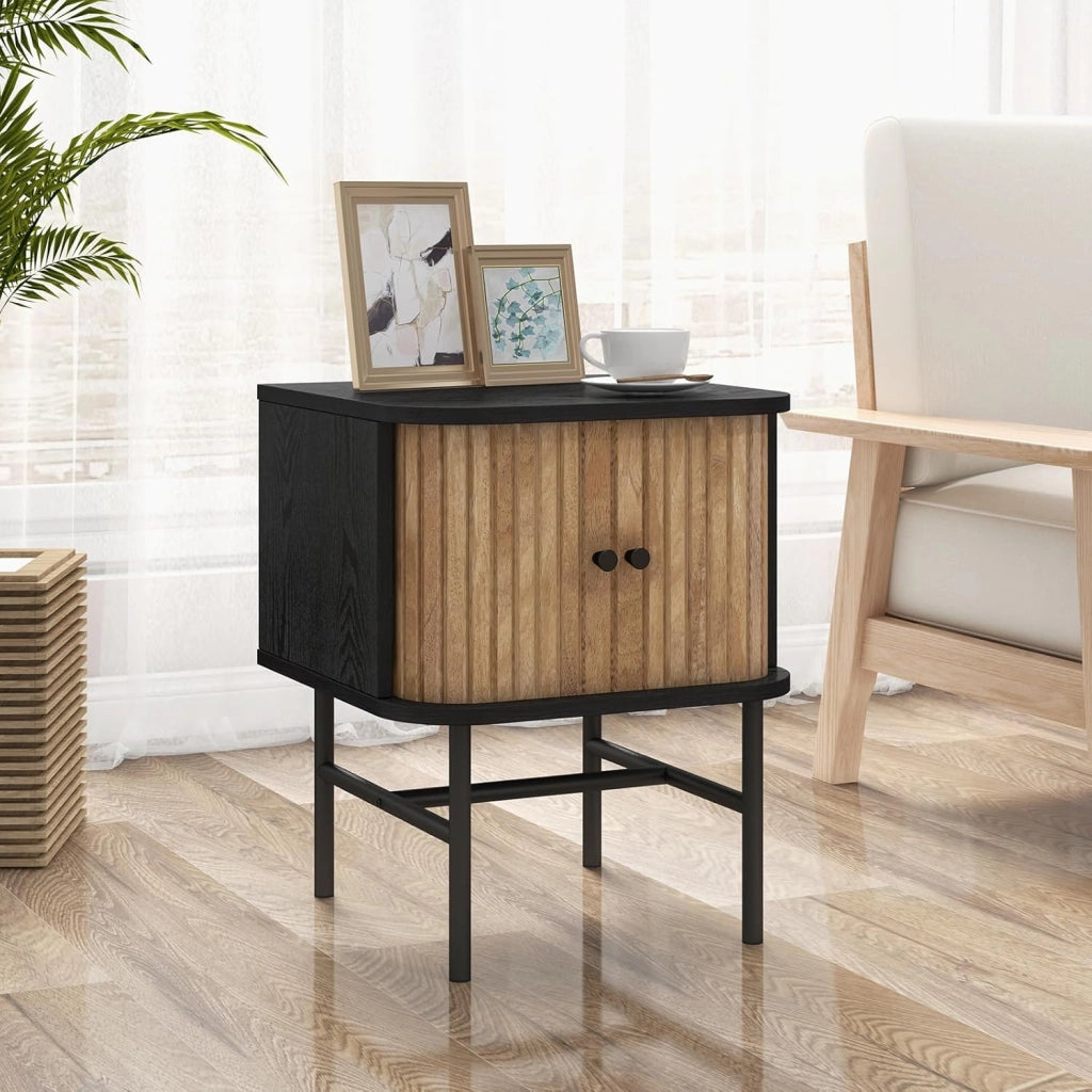 Tavolino comodino con ante scorrevoli, comodino in legno e gambe in metallo, piccolo comodino, comodino, comodino, tavolino da caffè, tavolo per soggiorno, camera da letto, 40 x 39 x 49 cm