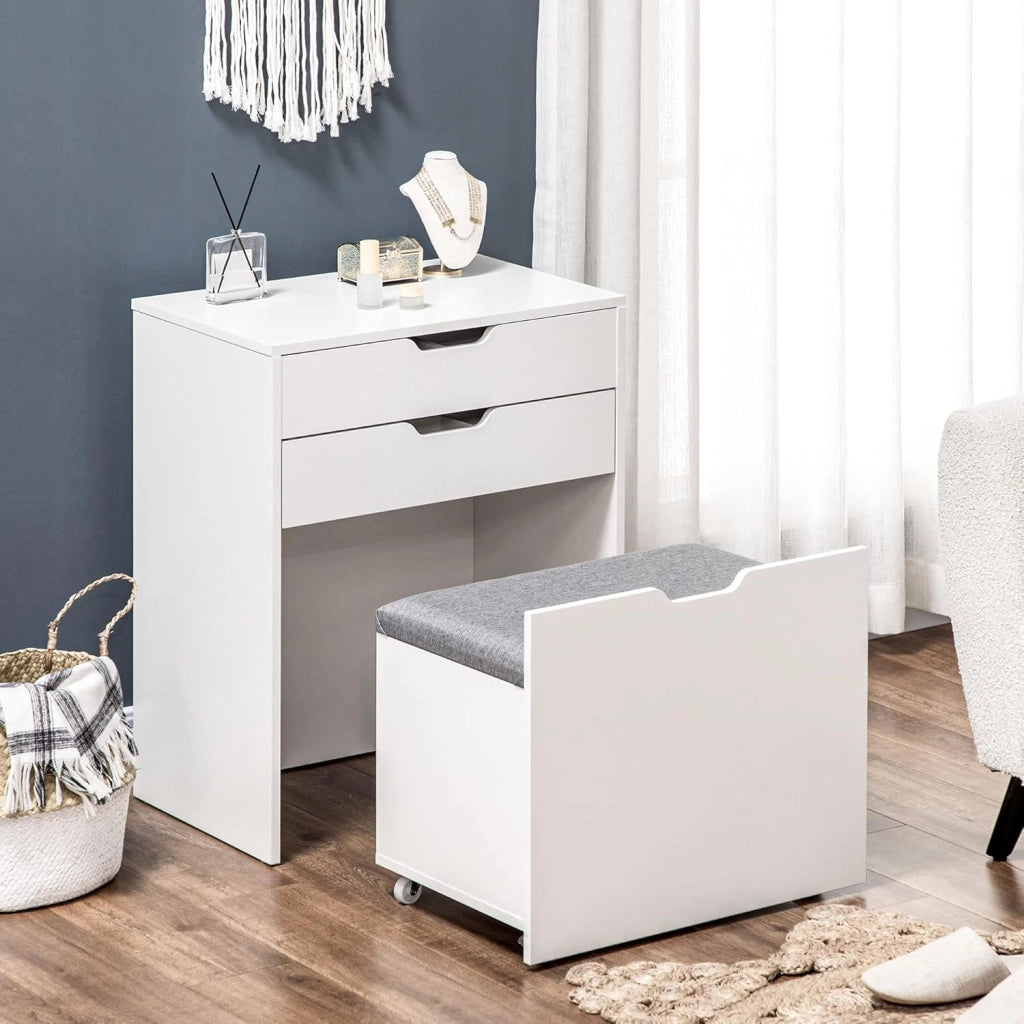 HOMCOM Toeletta da Camera con Specchiera e Sgabello Abbinato, Postazione Trucco con Vano Nascosto e Cassetto in Legno, Bianco