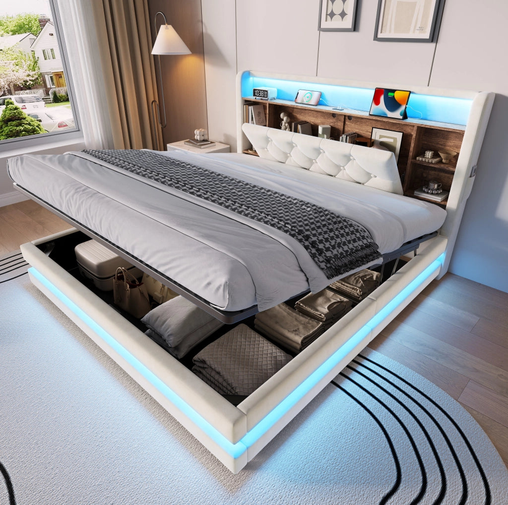 Letto imbottito 140x200 cm con contenitore, LED e porte USB, beige