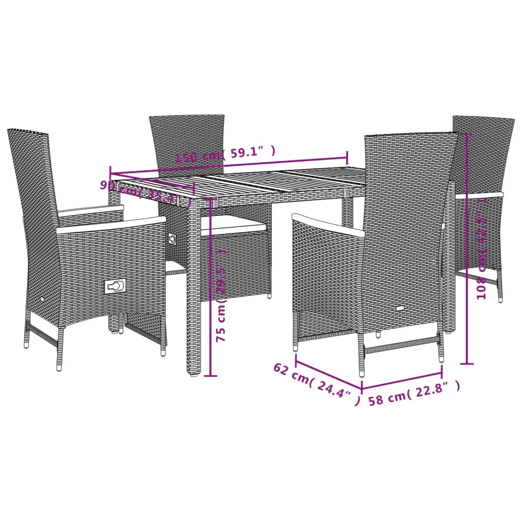 Set da Pranzo da Giardino 5 pz Nero con Cuscini in Polyrattan