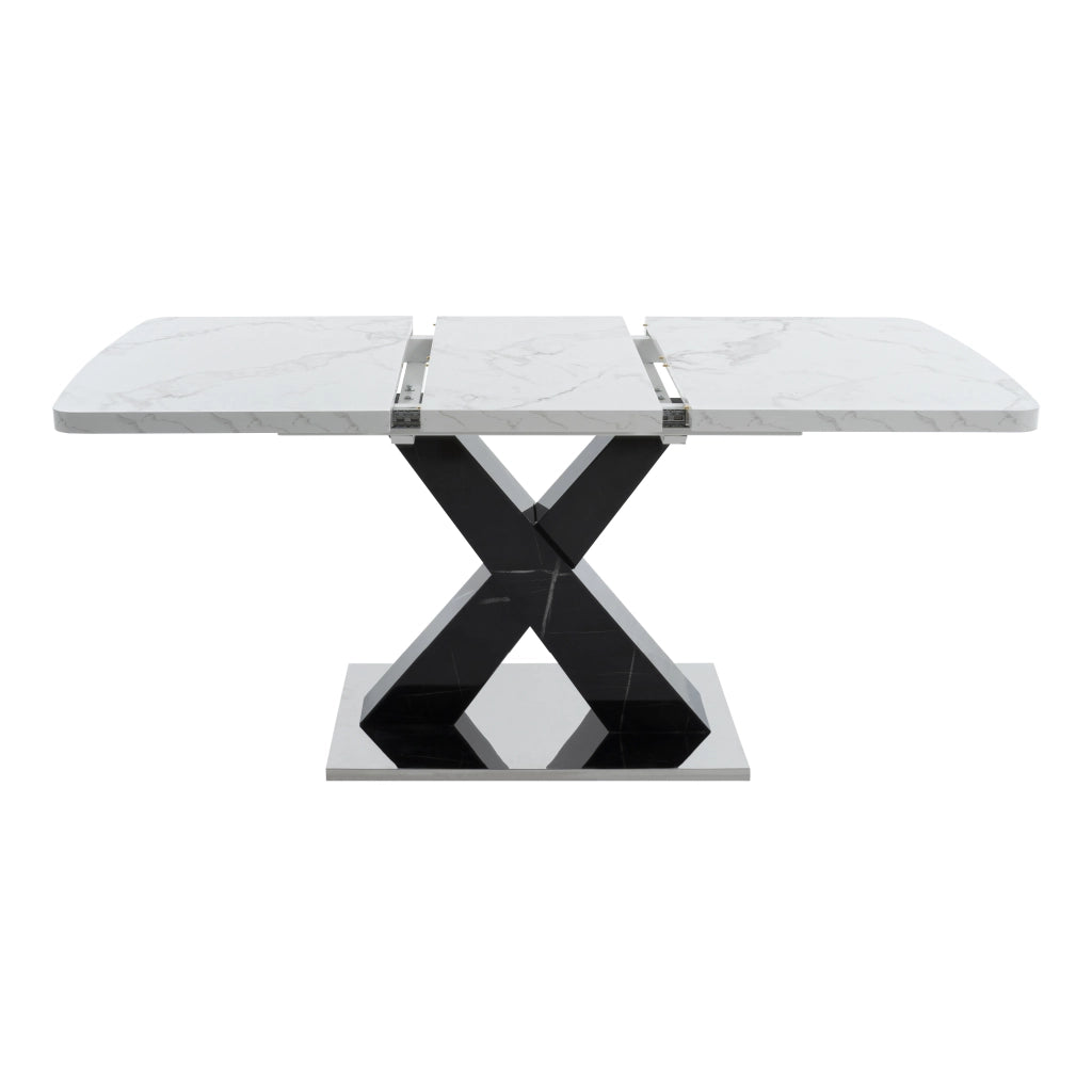 Tavolo da pranzo rettangolare allungabile 120-160 cm, piano effetto marmo bianco, struttura X nera