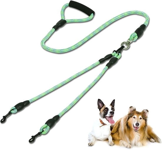 Cinturone per Cani in Doppio Senso con Due Cavi - Protezione Anti-Klit Removibile - Camminata e Allenamento Comoda per Due Cani di Medio o Grande Taglia (Verde)