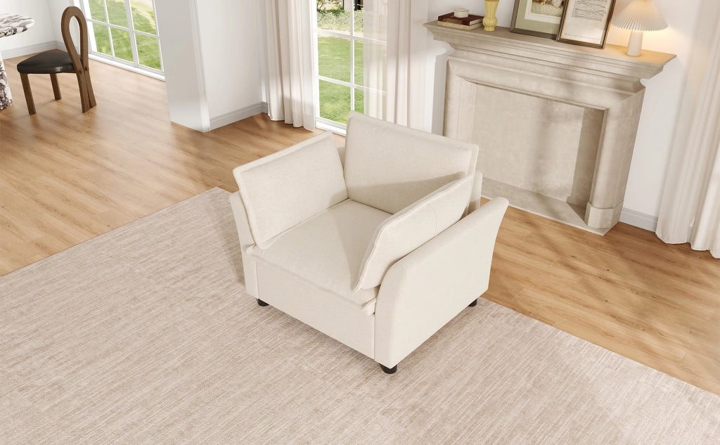 Poltrona singola beige con braccioli; 90 x 81 x 87 cm; ciniglia