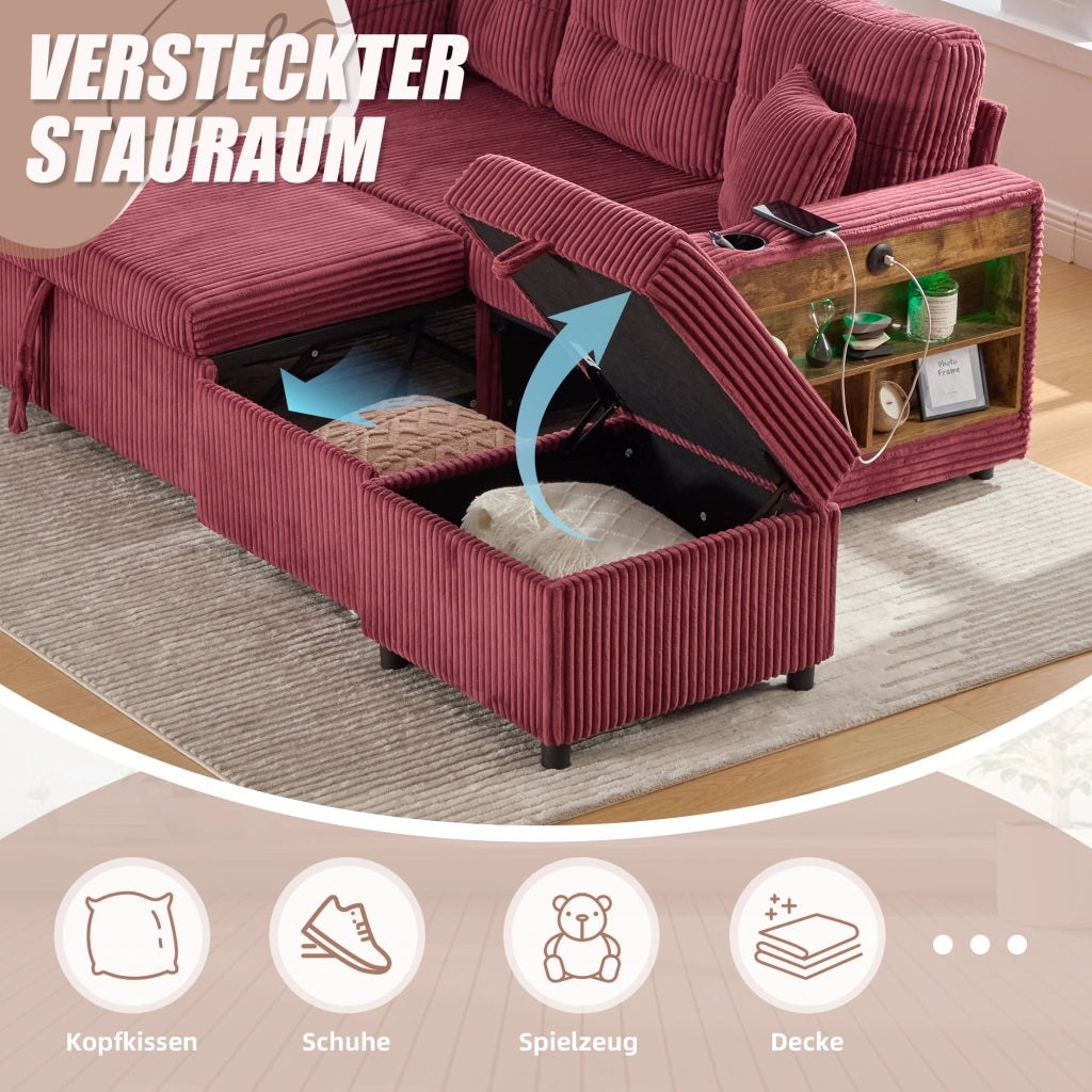 DIVANO Letto con contenitore 196x82-144x85 cm Tessuto a coste Rosso vino USB-C LED