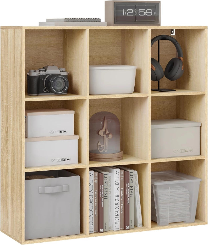 Libreria con 9 Scomparti, Libreria a Giorno, Scaffale a Cubo, Scaffale Divisorio in Piedi, per Ufficio, Soggiorno, Camera da Letto, 94x29,5x93 cm, Rovere Chiaro, SK048hei