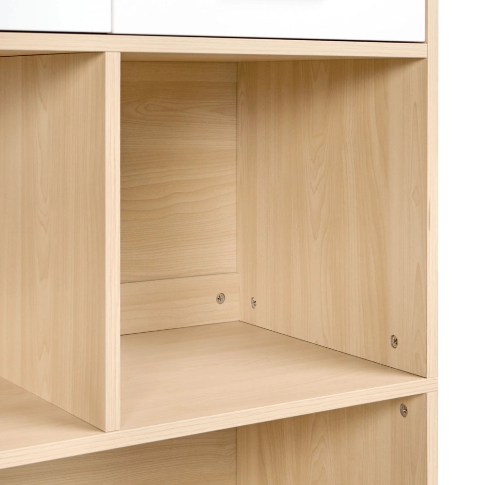 Libreria a 4 ante in truciolato marrone chiaro e bianco Mobili da ufficio minimalisti Ripiani apribili e chiudibili