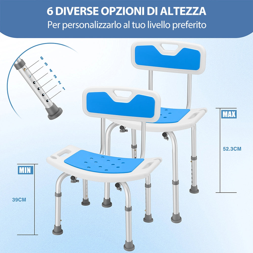 Sedia da Doccia con Schienale per Anziani Disabili Altezza Regolabile max 130 kg