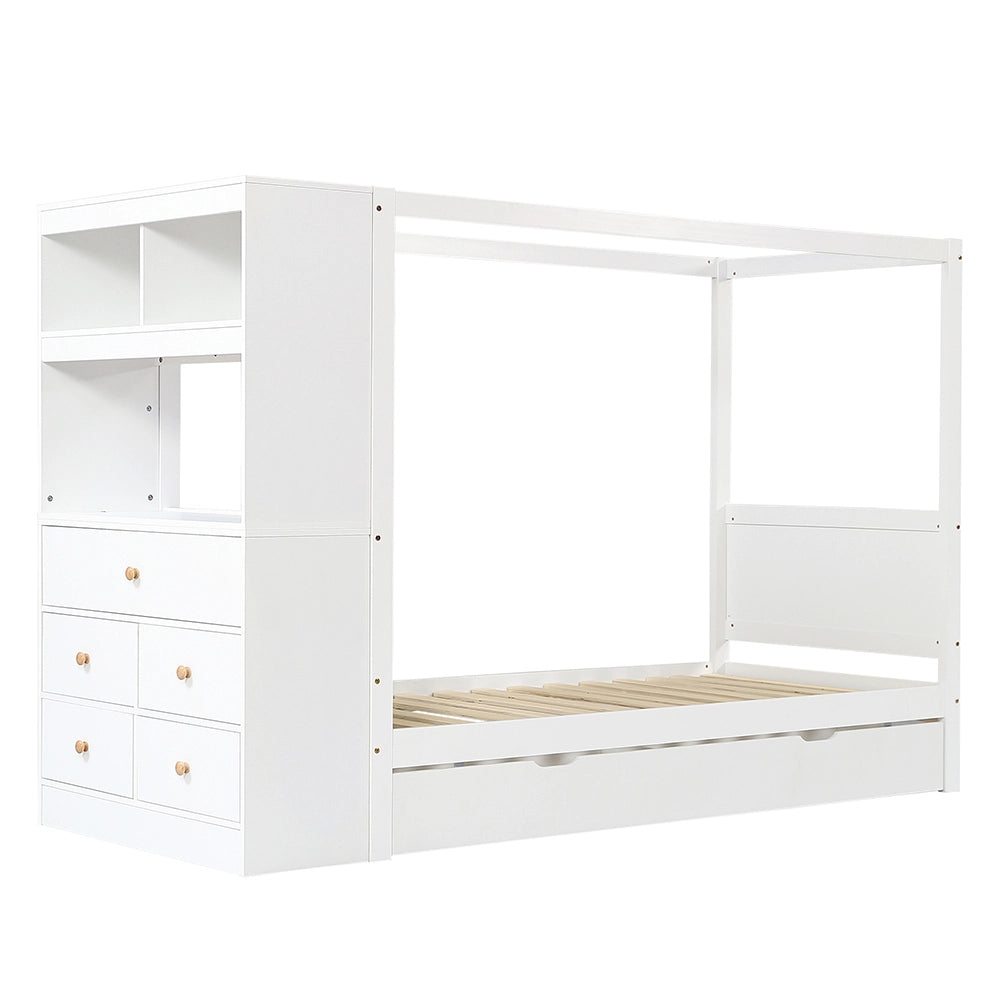 Letto bambino-Xylo-90x200 cm-barriera, 5 cassetti, rotelle, pino, bianco+naturale