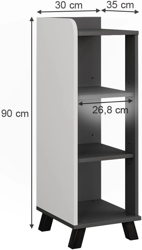 Mobiletto midi Karen, Antracite/bianco, 30 x 90 cm con 4 ripiani, adatto per la conservazione di articoli da bagno e asciugamani