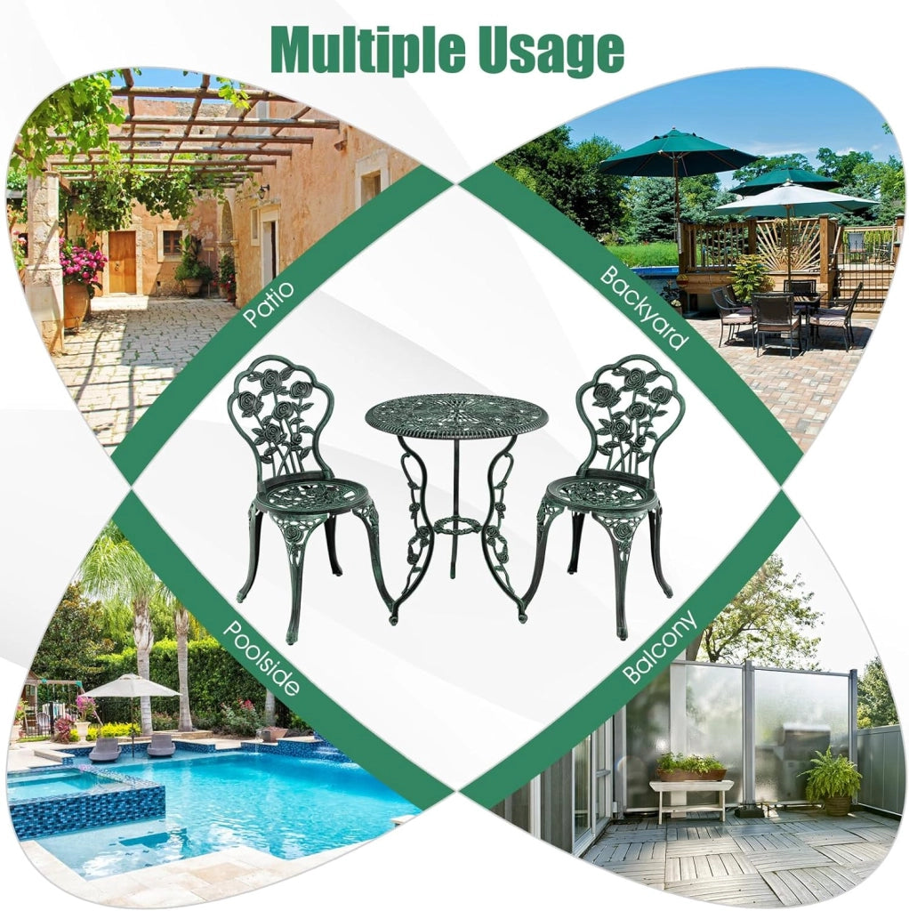Set Tavolo da Bistrot in Fusione di Alluminio Set da 3 Pezzi Tavolino con 2 Sedie per Giardino Balcone Bordo Piscina, Colore Verde Bronzo/Bianco (Verde Bronzo)