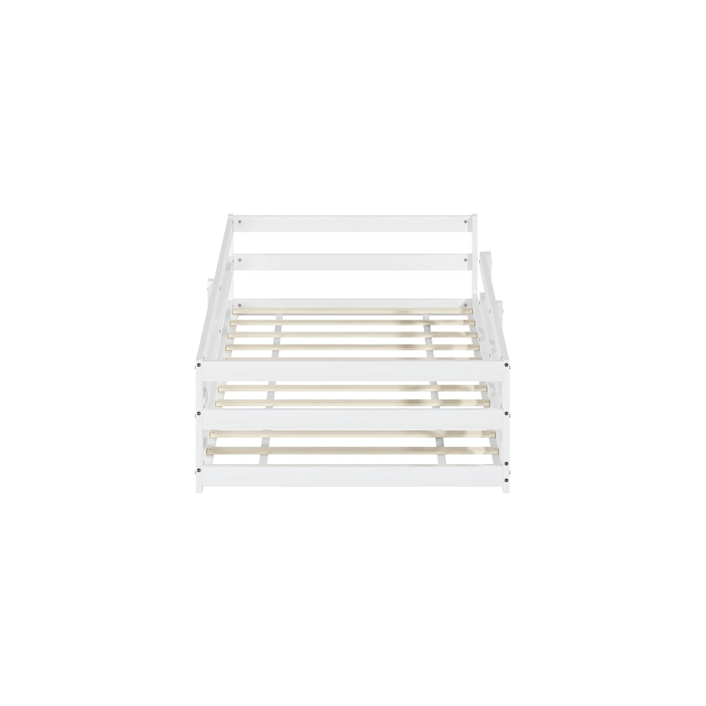 Letto per bambini Montessori 90 × 200 cm con barriera di sicurezza, rete inclusa, senza materasso, in pino, bianco