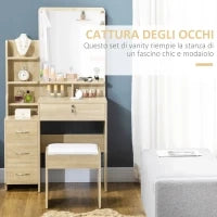 Toeletta da Trucco con Specchio, Tavolo da Trucco, Sgabello, 4 Cassetti e 4 Ripiani, Colore Legno