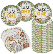 Set di compleanno selvaggio, 40 pezzi 1 anno animali della giungla, piatti di carta, tovaglioli, 20 tovaglioli e 20 piatti di carta, giungla, set di compleanno selvaggio, per bambini e bambine, giungla