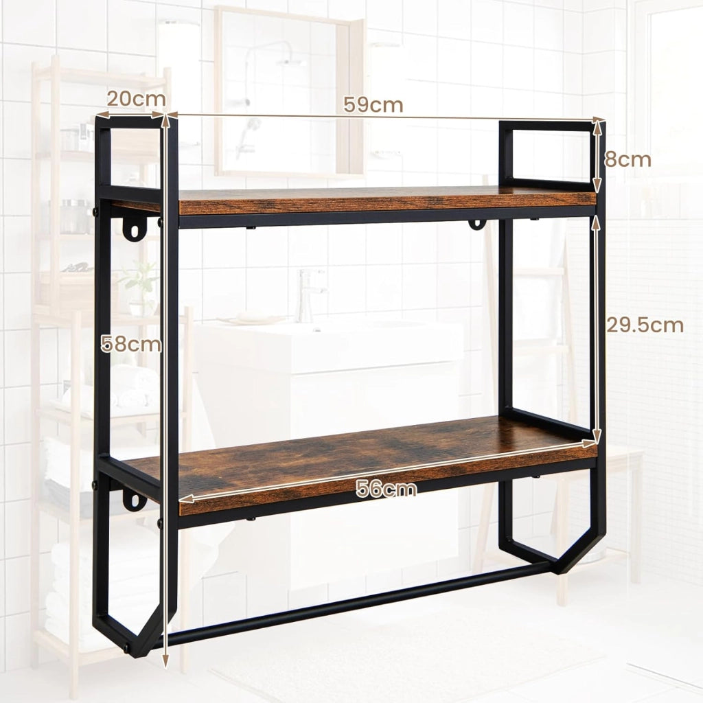 Mensole Bagno a Parete con Barra, Porta Asciugamani e Telaio in Metallo, Scaffale a Muro da Bagno 2 Livelli, Mensole da Muro in Stile Industriale per Soggiorno, Cucina, Marrone Rustico