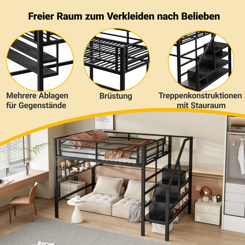 Letto a soppalco per bambini 140x200 cm nero con ripiani
