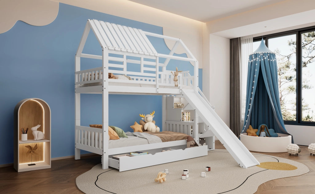 DESMIU Letto a Castello 2 Posti con Scala Contenitore, Scivolo e Cassetto 90 × 200 cm, senza Materasso