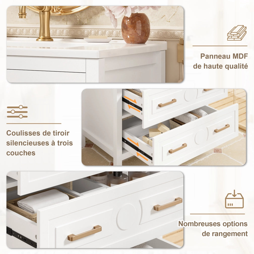 Mobile sottolavabo con lavabo in ceramica, 3 cassetti silenziosi, MDF bianco 76,5 × 47 × 82 cm