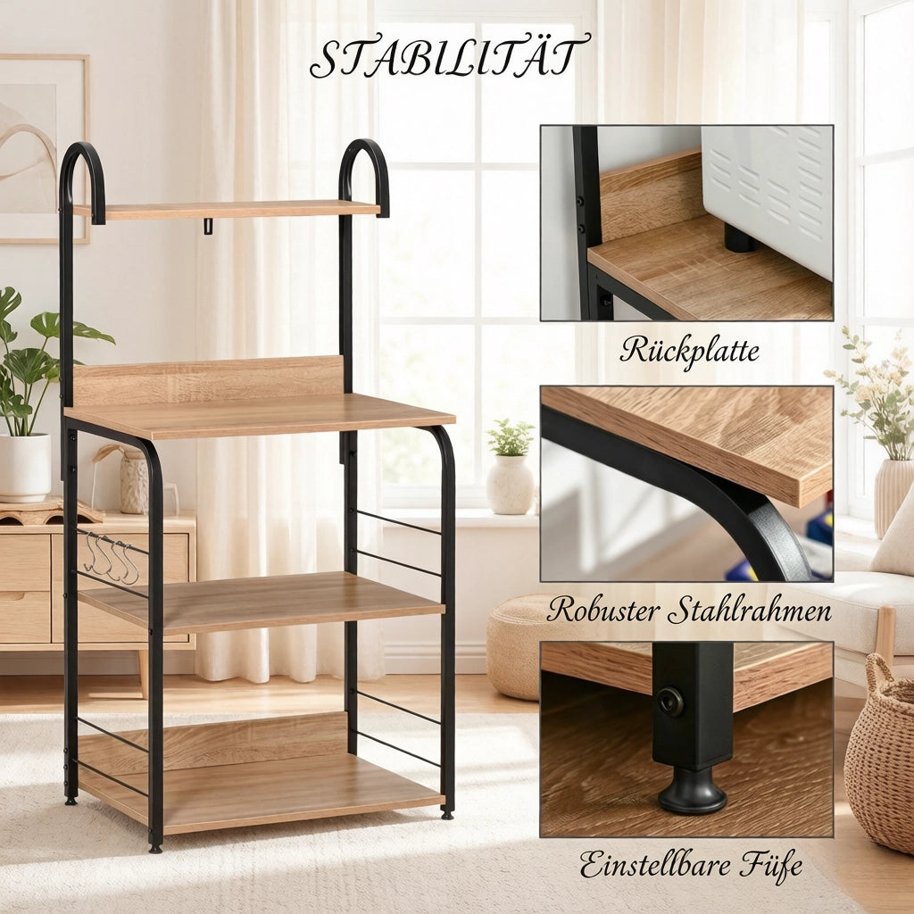 SCAFFALE DA CUCINA 60x40x125 cm Legno naturale e nero con 4 ripiani e 4 ganci