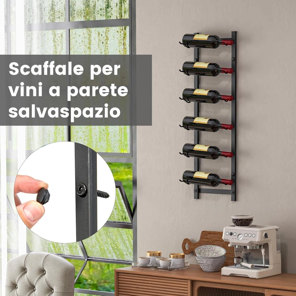Portabottiglie Vino da Parete, Cantinetta Vino da Parete, Porta Bottiglie di Vino da Parete in Metallo per Cucina, Sala da Pranzo, Cantina, Bar, per 6 Bottiglie