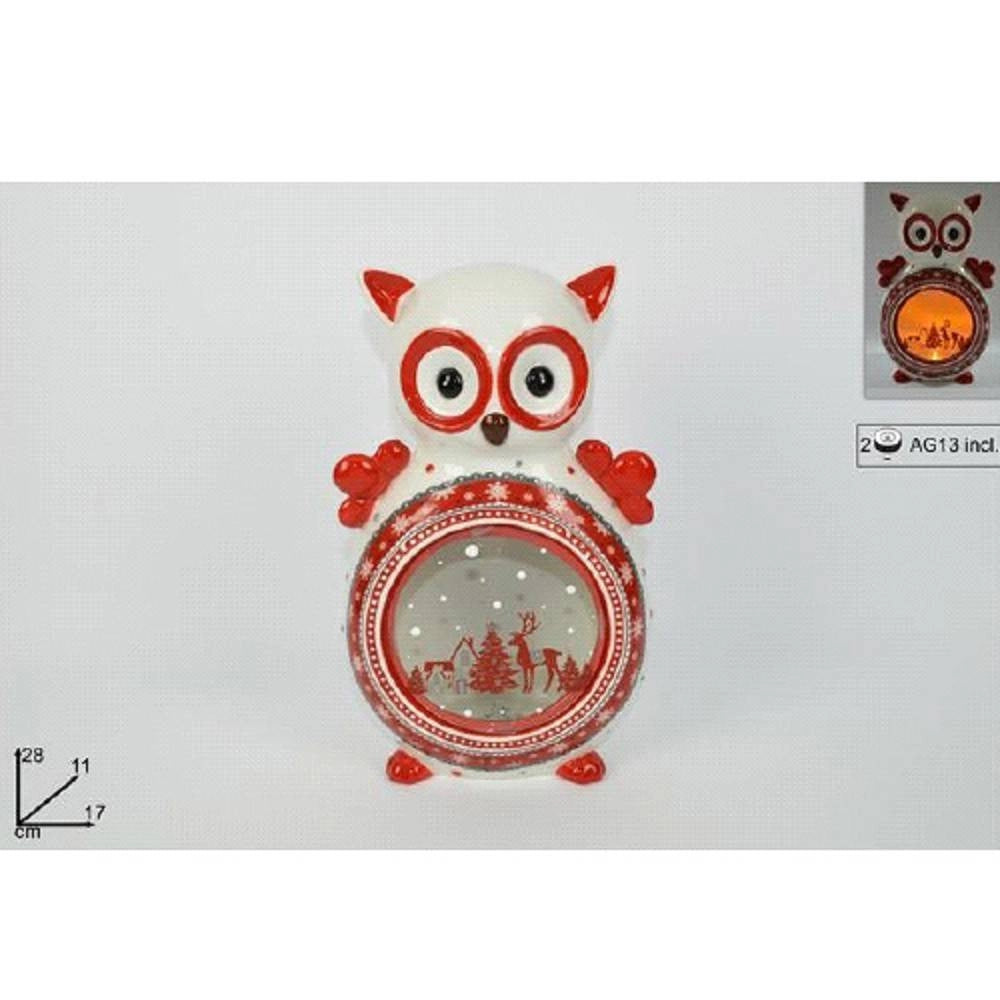 Trade Shop - Lanterna Ceramica Gufo Con Candela Elettrica 28 Cm Decorazioni Natalizie -