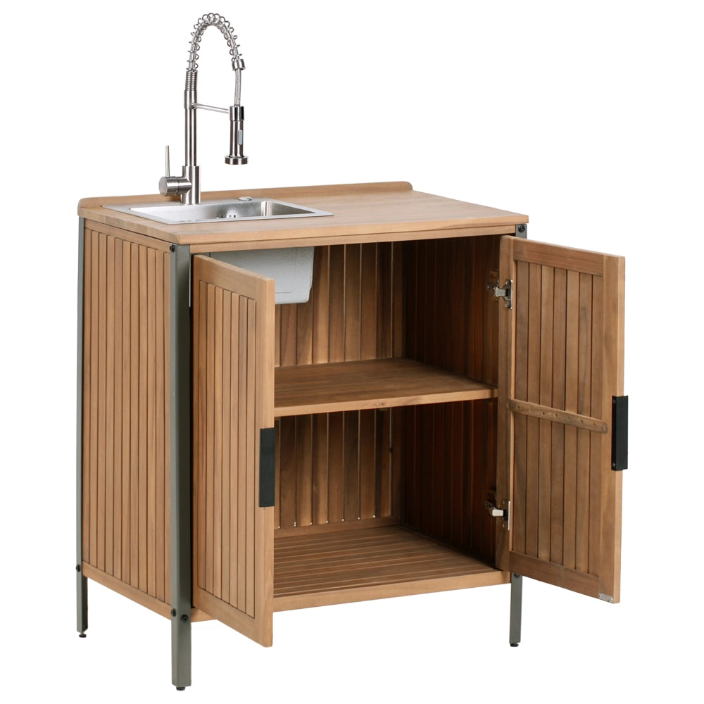 Cucina da esterno 3 elementi in legno di acacia con lavello e rubinetto in acciaio inox e ripiani in legno massiccio marrone