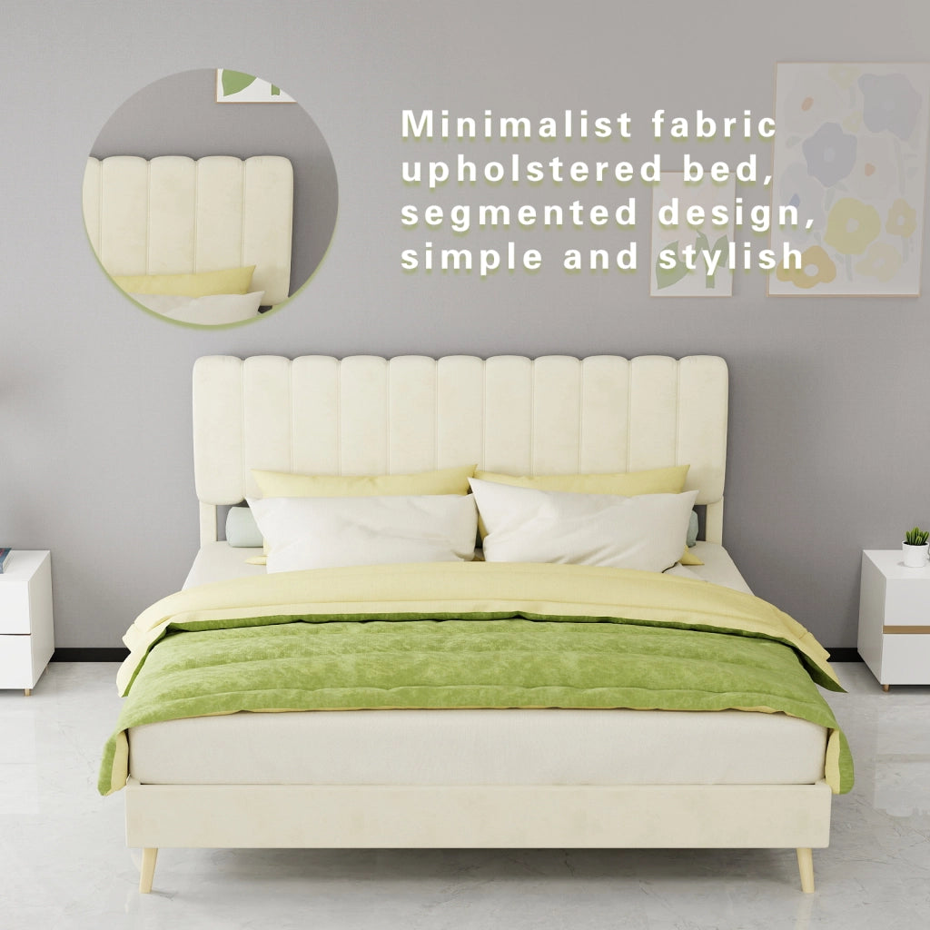 Letto imbottito 160 × 200 cm con rivestimento in velluto olandese beige e base a piattaforma senza materasso